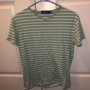Polo Ralph Lauren SMALL Green and White Stripe V-Neck T Shirt